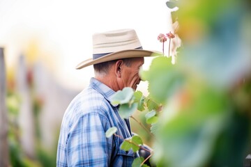 farmer wearing a hat inspecting grape vines in a vineyard
