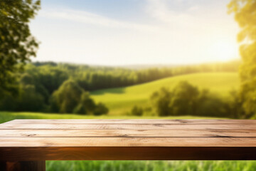 Fototapeta premium Wooden table spring nature bokeh background, empty wood desk product display mockup with green park sunny blurry abstract garden backdrop landscape ads showcase presentation. Mock up, copy space.