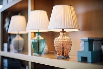 elegant table lamps lit on a store shelf