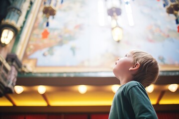 a child looking up in awe at a theaters ornate ceiling - obrazy, fototapety, plakaty
