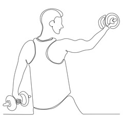 Single continuous line drawing of strong young weightlifting man getting ready for barbell training in gym. Weightlifting workout concept. Trendy one line draw graphic design vector illustration