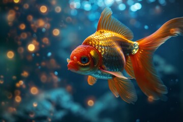 Menacing futuristic goldfish , glowing elements on under the water. Generative AI