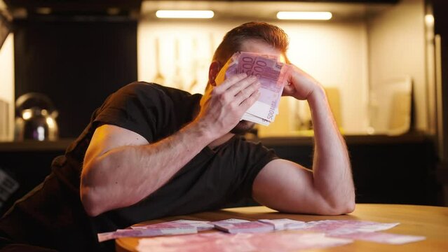 Wealthy man crying and wipe tears with stack of money banknotes meme sarcasm 4K
