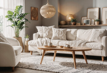 boho living room corner with white furniture, a rug, a coffee table, and various decorations