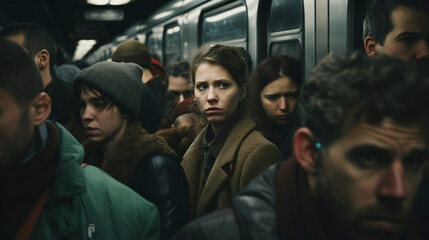 Rush Hour Chronicles: Woman in the Midst of the Subway Bustle, Generative AI
