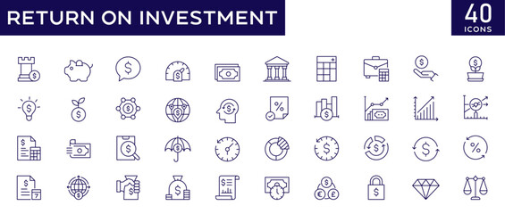 Return on investment icons set with fully editable stroke thin line vector illustration with investment, capital, sales, interested field, dividend, cost of investment, return, profit, strategy, ROI - obrazy, fototapety, plakaty