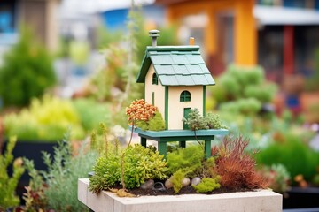 Fototapeta na wymiar birdhouse with a green roof installed in a garden
