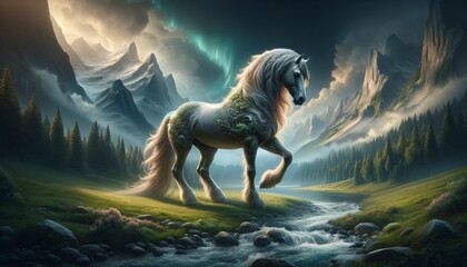 A majestic horse in a fantastic landscape - obrazy, fototapety, plakaty