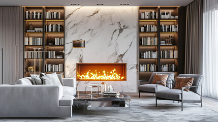 living room, marble wall fireplace and stylish bookcase . Ai Generative