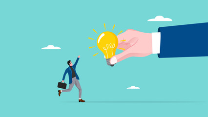 get idea or solution from business partner, career success with relation, support or empowerment for career development, businessman get light bulb idea from businessman hand concept illustration