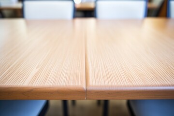 closeup of a conference tables wood grain texture with empty chairs