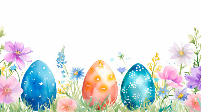Watercolor painted eggs and flowers for Easter. With white background and copy space