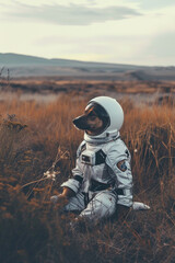 Dog in space suit in cosmic galaxy, fantasy astronaut in universe. Generative AI