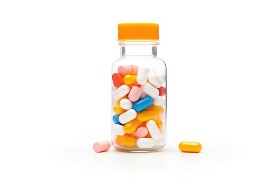 pill bottle with colorful capsules, front view, on solid white