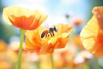 honeybee hovering over a bright poppy in a sunny garden