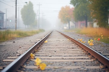 Fototapeta premium empty tracks, foggy morning, dewdrops