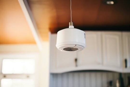 closeup of a smoke alarm on a home ceiling