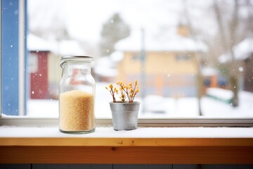 snow on the sill of a diamondpane window in winter