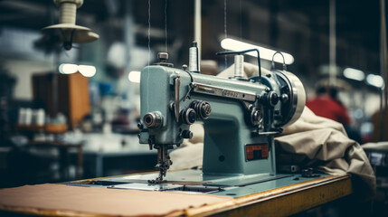 Fototapeta premium Close-up of modern sewing machines in a factory. Tailoring and textiles. The workroom of seamstresses and dressmakers. Industrial scale.