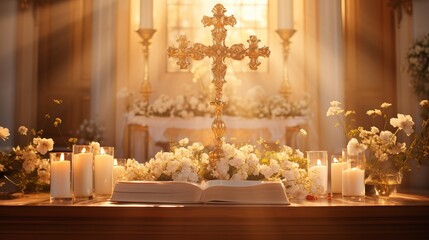 Fototapeta na wymiar Vibrantly lit altar with cross, illuminated by the radiant sun and accompanied by the holy bible