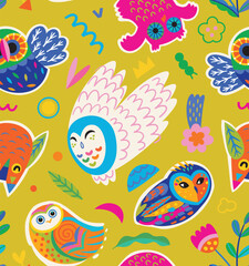 Fototapeta na wymiar Seamless pattern with cute bright decorative owls and small nature elements around. Vector illustration