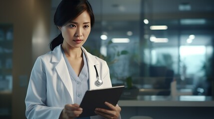 An Asian doctor in a reflective moment, gazing out of a hospital window with a sense of dedication