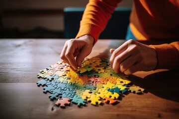 A person putting pieces of a puzzle together. Generative AI.