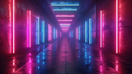 Abstract neon ultraviolet background. Modern laser sci-fi room, visual cyber space, music background. Interior of  night club, tunnel, corridor with concrete walls. 