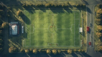 An aerial view of a soccer field with trees. Generative AI.