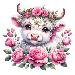 Cute illustrated cow with a pink bow, surrounded by roses, gifts, and chocolate-covered strawberries, evoking a feeling of love and sweetness.
