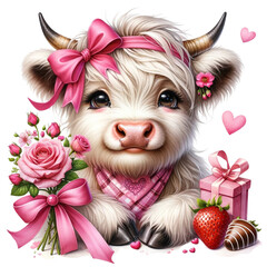 Cute illustrated cow with a pink bow, surrounded by roses, gifts, and chocolate-covered strawberries, evoking a feeling of love and sweetness.
