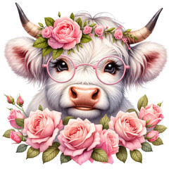 Obraz premium Cute illustrated cow with a pink bow, surrounded by roses, gifts, and chocolate-covered strawberries, evoking a feeling of love and sweetness. 