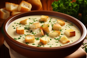 Savory creamy garlic soup garnished with crunchy croutons and fresh chives, served in a white bowl
