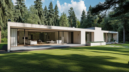 Modern rectangular detached house with a large backyard in a forested area. Ai Generative