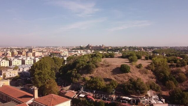Drone view of the Testaccio neighborhood, Roma Italy, Monte dei cocci