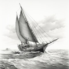 Pencil sketch deep sea sailing boat images Generative AI