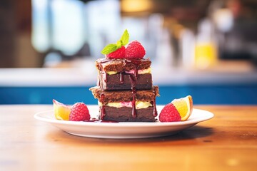 stacked brownies with raspberry on top