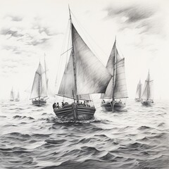 Pencil sketch deep sea sailing boats image Generative AI