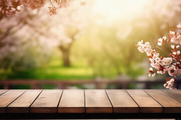 Wooden table spring nature bokeh background, empty wood desk product display mockup with green park sunny blurry abstract garden backdrop landscape ads showcase presentation. Mock up, copy space.