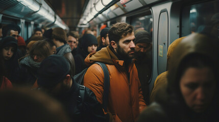 Metro Dynamics: Men Riding the Vibrant City Subway, Generative AI