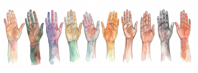 Symbol of diveristy and peace, illustration representing a series of hands of different skin color, asian, black, white, african, arab, indian, caucasian, european, or slavic complexion or skin tone - obrazy, fototapety, plakaty