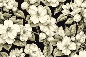 Vector seamless pattern with apple blossom old engravings vintage style