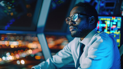 Portrait of African American skilled air traffic controller managing flights in a control tower
