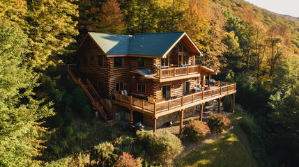 story log home with decks in the mountains near Coeur d'Alene. Ai Generative