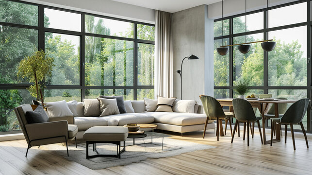 Spacious living room interior with a corner sofa and armchair next to a dining table. Ai Generative