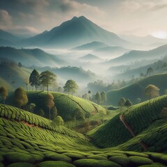 Tea Plantation in the morning at sunrise. Nature landscape background. - obrazy, fototapety, plakaty