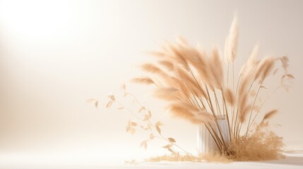 tan pampas grass in the white background, advertising banner, beauty, wheat, gold grass, minimal