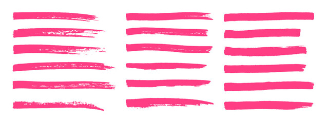Set isolated long hand drawn markers stripes. Grunge texture stroke lines. Pink highlight elements. Vector illustration. Decoration for reminder, selection, direction, note
