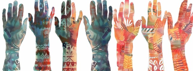 Male and female hands with naive or ethnic painting design, abstract pattern wallpaper, background or page banner, hand decoration or gloves, human handprint decorative frieze, modern artistic drawing