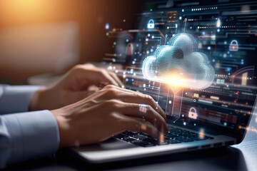 Fototapeta premium Businessman using laptop computer with digital padlock on internet technology networking with cloud computing and data management. Cybersecurity